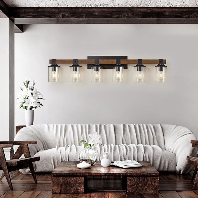 DUJAHMLAND 6-Light Wood Vanity Light,40.5 inch Farmhouse Bathroom Metal Wall Sconce with Cylinder Clear Glass Shade,Industrial Wall Light Fixtures for Hallway,Kitchen,Bedroom(Wood, 6-Light)