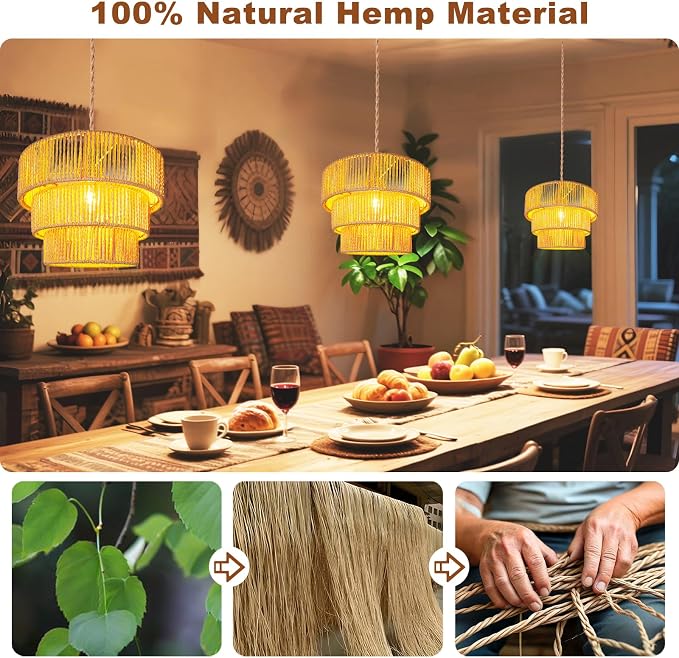 Maliralt Rattan Pendant Light Hanging Lamps - 16.4ft Plug in Cord Hanging Light Fixture Plug Into Wall Outlet Pendant Lighting with On Off Switch for Bedroom Living (3-Tier Rattan Lamp Shade)
