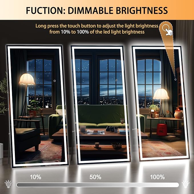 Hasipu Full Length Mirror with Lights, 70.9" x 31.5" LED Lighted Floor Standing, Full Body Dressing Hanging Mounted Mirror, Tempered Glass