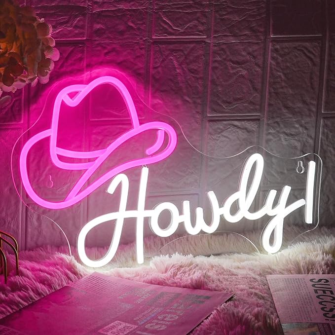 Cowboy Hat Neon Sign Howdy Cowboy Neon Signs Cool LED Neon Lights Dimmable Neon Signs USB Powered for Gameroom, Man Cave Beer Bar Cafe Recreation Room(Pink White)