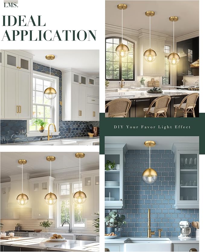 6-inch Modern Pendant Light, Brushed Gold Industrial Kitchen Island Pendant Light with Clear Globe Glass, Adjustable Hanging Pendant Light Fixtures for Dining Room Living Room, LMS-186BGCS