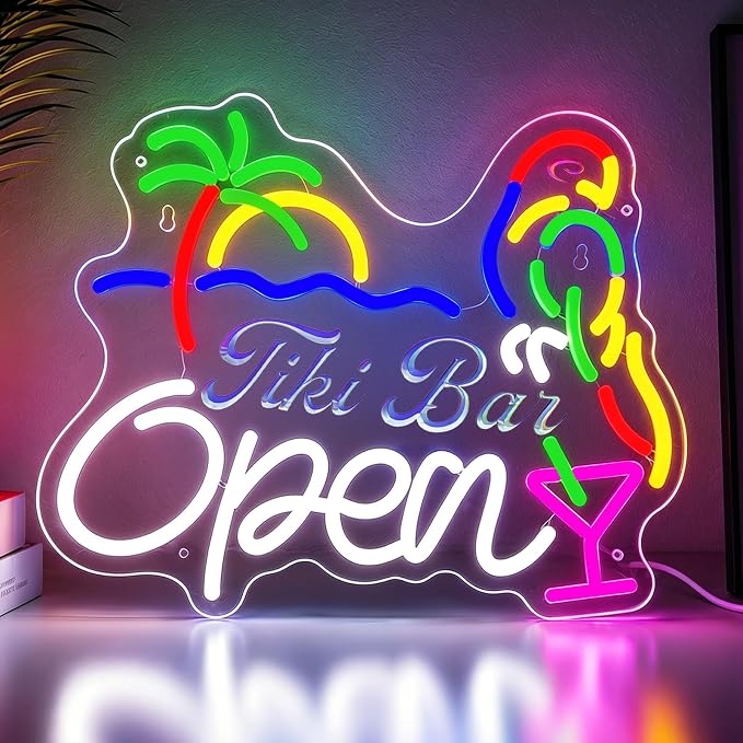 Bar Open Neon Sign for Wall Decor, USB Powered Dimmable LED Open Sign for Business, Tropical Open Neon Signs with Parrot & Palm Tree for Man Cave/Pub//Party/Office/Home Wall Decor (White)