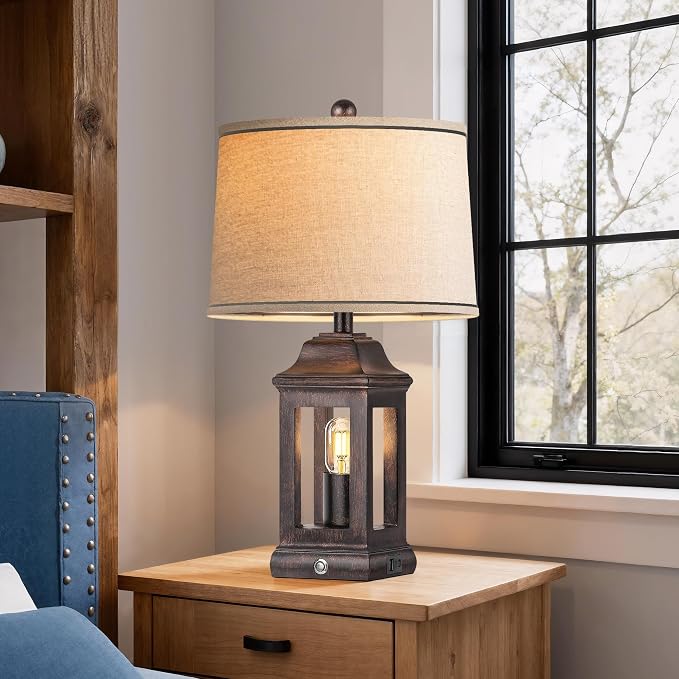 24" Rustic Farmhouse Table Lamps for Living Room, Single Pack Touch Dimmable Nightlight Vintage Bedside Lamps with USB A+C Ports & Dual Light Sources for Bedroom Nightstand End Table, Antique Black