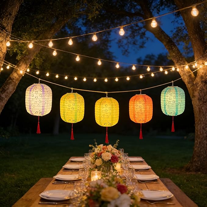 5PCS Colorful Paper Lanterns 6inches Oval Shaped with LED Lights Hollow Out Hanging with Tassels Walking Sticks for Dinner Party Outdoor Holiday and Birthday Decorations