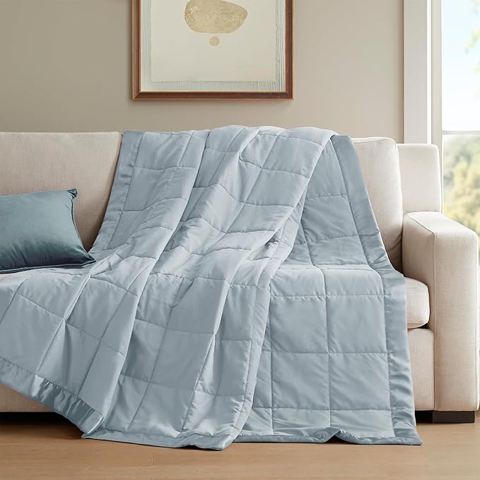 Madison Park Windom Down Alternative Blanket, Premium 3M Scotchgard Moisture Wicking Treatment, Lightweight and Soft Bed Cover For All Season, Satin Trim, Blue Full/Queen
