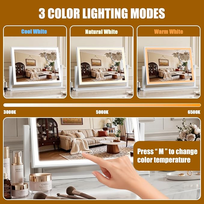 Vanity Mirror with Lights, 17"×12.2" LED Makeup Mirror, Rounded Frame, 10X Magnification, Smart Touch with 3-Color Lighting, Dimmable, 360° Rotation, Lighted Up for Makeup Desk, Bedroom (White)