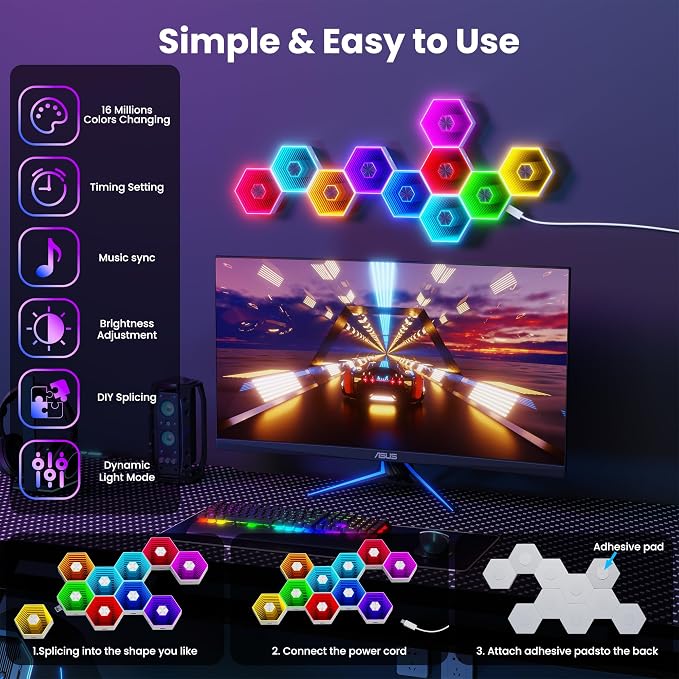 10 Pack Hexagon Led Lights, 90mm Smart Hexagon, Smart App RGB Gaming Led Light, with Remote Control & Music Sync Honeycomb Shape Hexagon Wall Lights for Bedroom, Living Room Wall