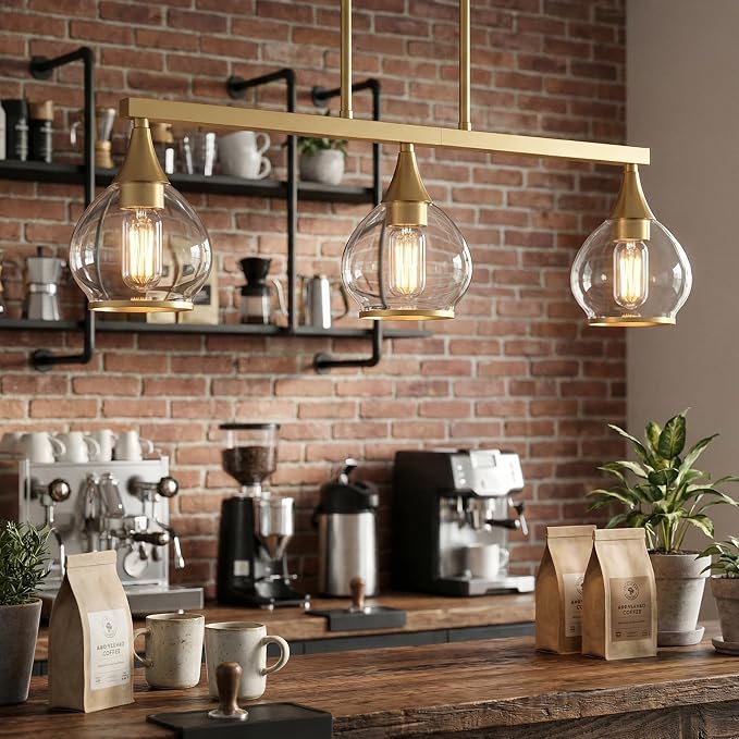 Kitchen Island Linear Pendant Light, 3-Light Gold Dining Room Chandelier with Clear Glass Globe Shades, Modern Linear Lighting Fixture Over Table