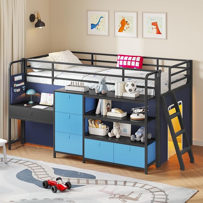 Low Loft Bed Twin Size with Desk, 6 Storage Drawers & Bookshelf, Kids Loft Bed with LED Lights & Under-Bed Play Space, Heavy Duty Metal Bed Frame with 13.8"H Safety Guardrail & Ladder, Blue and Black