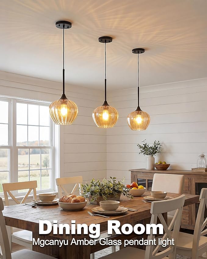 Glass Pendant Lights Kitchen Island, 7.7" Vintage Amber Pendant Lighting Samll Hanging Light Fixtures for Kitchen, Dining Room, Sink, Bathroom