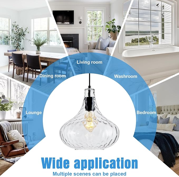11 Inch Hammered Glass Pendant Light Black Farmhouse Ceiling Lamp | Diffuse soft lighting, adjustable hanging cord, E26 base, perfect decorative fixture over sink kitchen island & dining space
