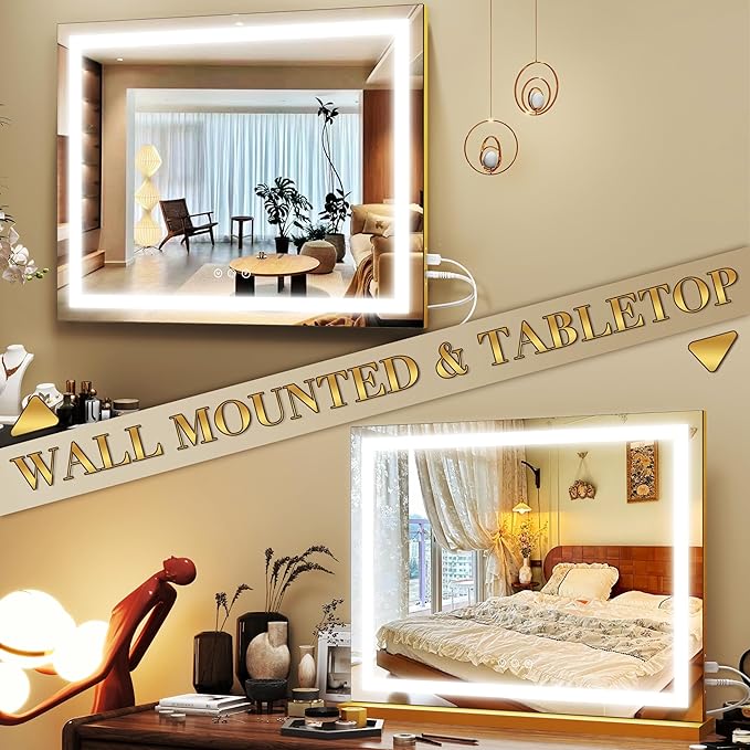 ROLOVE 23x18 Inch Gold Vanity Mirror with Lights, Detachable Magnifier | Desk Mirror with Light, 3 Color Modes, Stepless Dimming, Touch Control, Plug-In Power, Horizontal Wall Mount or Tabletop Use