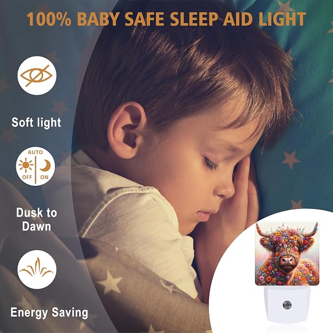 Night Lights Plug into Wall, Highland Cow Night Light with Dusk to Dawn Smart Sensor for Bedroom Bathroom Hallway Kitchen, Led Nightlights for Boys Girls Women Men