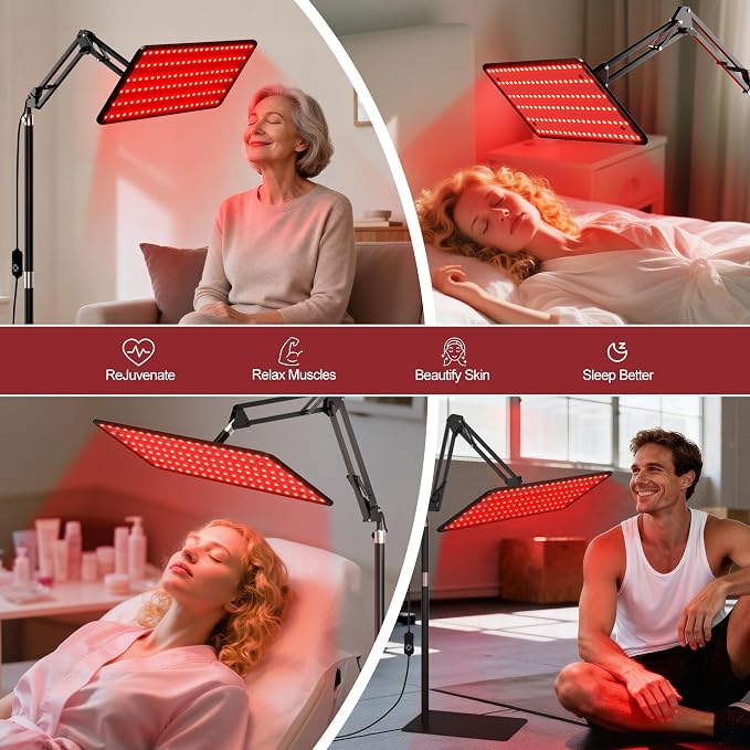Morfone Red Light Therapy for Body Face Tri-Wavelength 660nm, 850nm, 940nm | LED Infrared Light Therapy Lamp Panel with Adjustable Stand Protective Glasses, Home Use, Gift for Women Girl, Black L