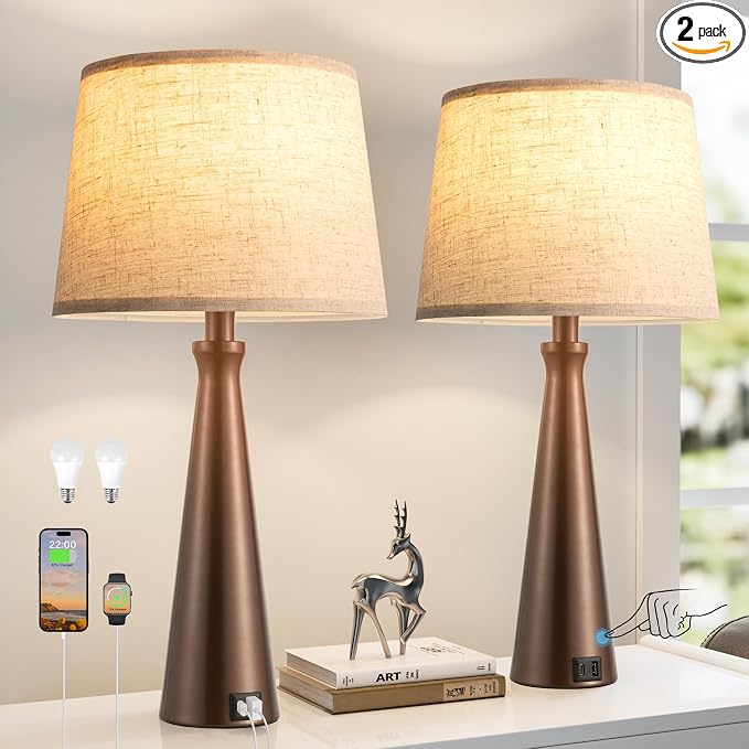Modern Touch Lamps for Nightstand, 3 Way Dimmable Bedroom Lamp Set of 2 | USB C+A Charging Ports, Brown Bedside Lamps for Bedroom, Living Room, End Table, Bed Side, LED Bulb Included