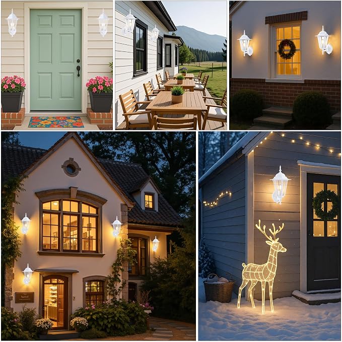 GRUENLICH Outdoor Wall Light Fixture, Rustproof Aluminum, Glass | Dusk to Dawn Exterior Porch Light Wall Sconce Lantern for House, Patio, Garage, Waterproof, E26 Socket 60W Max, White, 2 Pack