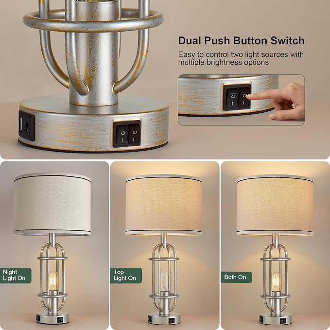 Reaketon Table Lamps for Living Room Set of 2, 22.3" Farmhouse Lamps for Nightstand, Industrial Table Lamps for Bedroom with USB Ports, Bulbs Included