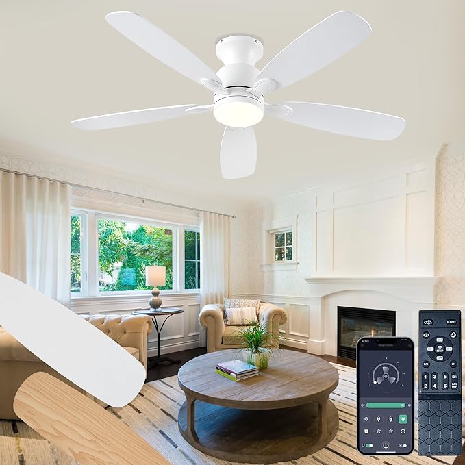 52inch Ceiling Fans with Lights, Low Profile White Ceiling Fan with Light and Remote/APP Control, DC Reversible Motor, Noiseless, Flush Mount Ceiling Fan for Bedroom Living Room Patios