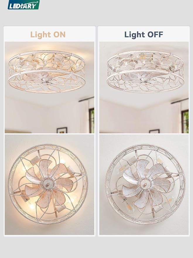 LEDIARY Caged Ceiling Fan with Light, Flush Mount Fandalier with Remote | Low Profile, Farmhouse Small, Bladeless Industrial, Quiet DC Motor, App Control for Bedroom, Kitchen, Dining Room, White Gold