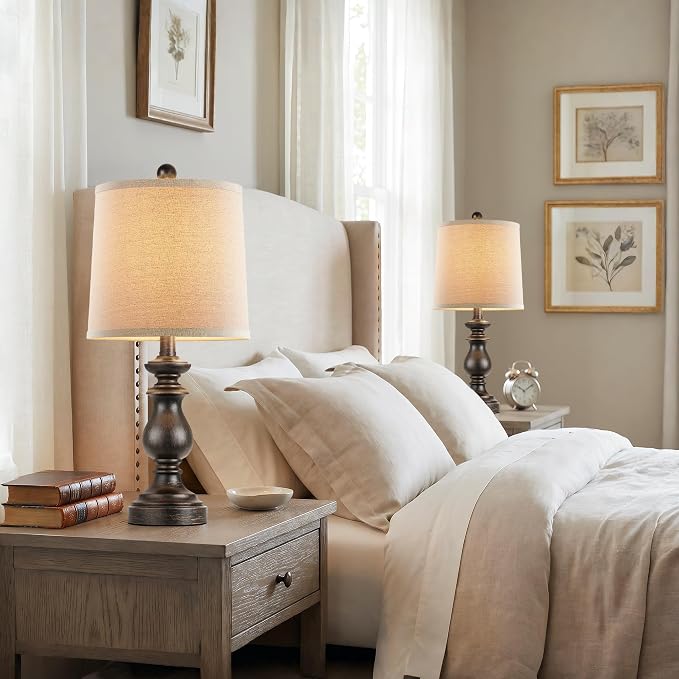 Traditional Table Lamp Set of 2, Rustic Farmhouse Table Lamps for Living Room Bedroom, 22" Bedside Desk Lamps Vintage Nightstand Lamps with Linen Shades, Oil Rubbed Bronze