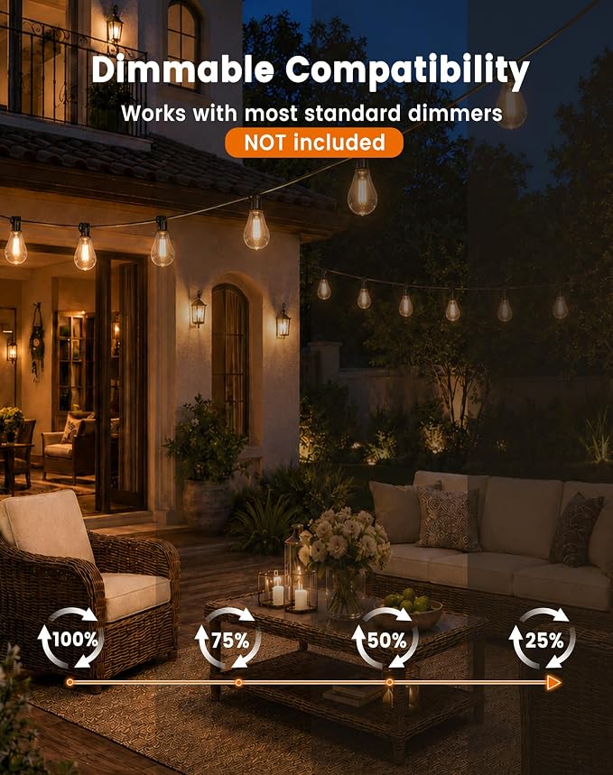 Outdoor String Lights 30FT(24+6) Waterproof, 12 LED S14 Shatterproof Edison Bulbs, 2FT Spacing, Extension Cord, Connectable Plug in Hanging Patio Lights for Outside, Backyard, Warm White