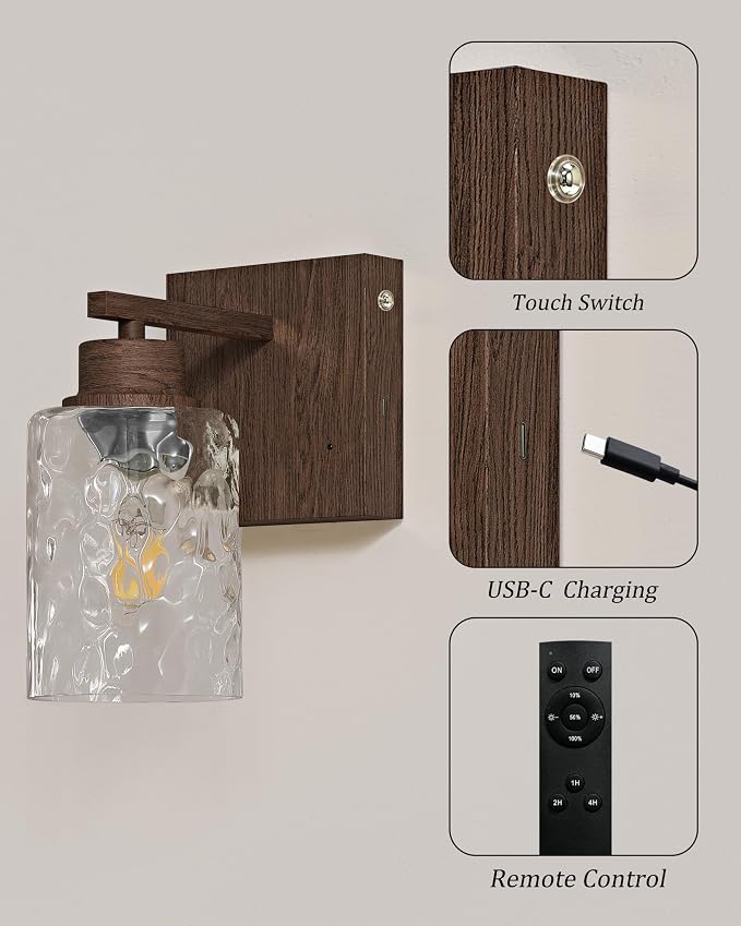 Rayogale Hammered Glass Battery Operated Wall Sconces Set of Two Walnut | Dimmable Rechargeable Wall Lights with Remote Timer, Easy Install Lamp for Living Room Bedroom, Emergency 3000K