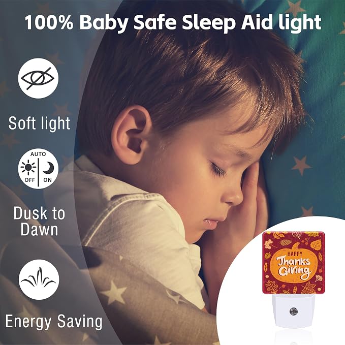 Happy Thanksgiving Night Light for Kids,Autumn Fall Orange Pumpkin Maple Leaf Night Light Plug in with Dusk to Dawn Sensor,0.5w Energy Saving Nightlight for Hallway Stairway Kitchen Bedroom
