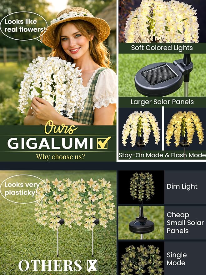 GIGALUMI 3 Pack Solar Wisteria Flowers Outdoor, 2 Modes, White | Flower Lights, IP65 Waterproof, Auto On/Off, Solar Powered, Garden Decor, for Pathway, Yard, Patio, Gardening Gifts for Women