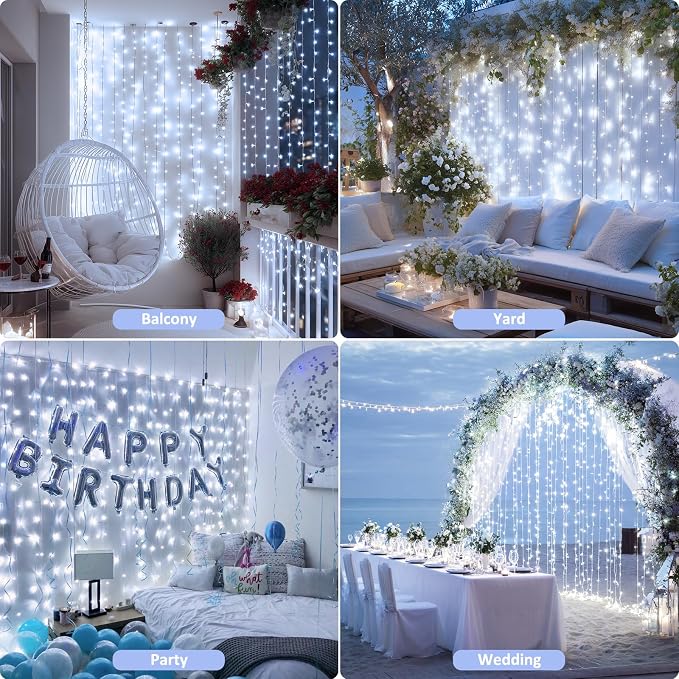 JMEXSUSS 200 LED White Curtain Lights, USB Powered, 6.5ft x 6.5ft | White Christmas Lights with Remote, 8 Modes Hanging String Lights for Bedroom Wall Wedding Party Backdrop Window Decor