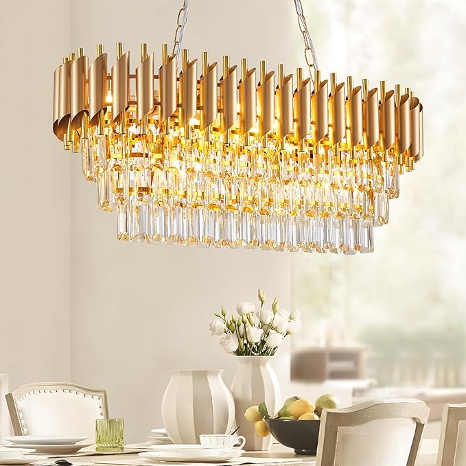 Modern Rectangular Chandelier Gold Crystal Chandeliers for Dining Room, 10-Light Pendant Light Fixture Oval Contemporary Ceiling Hanging Light for Kitchen