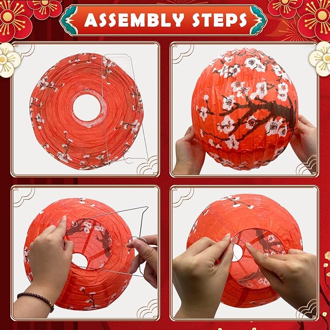 14Pcs Chinese Japanese Paper Lantern Assorted Sizes (8" 10" 12") Hanging Red White Gold Chinese Lanterns for Lunar New Year Chinese New Year Decorations 2026 Japanese Party Decorations