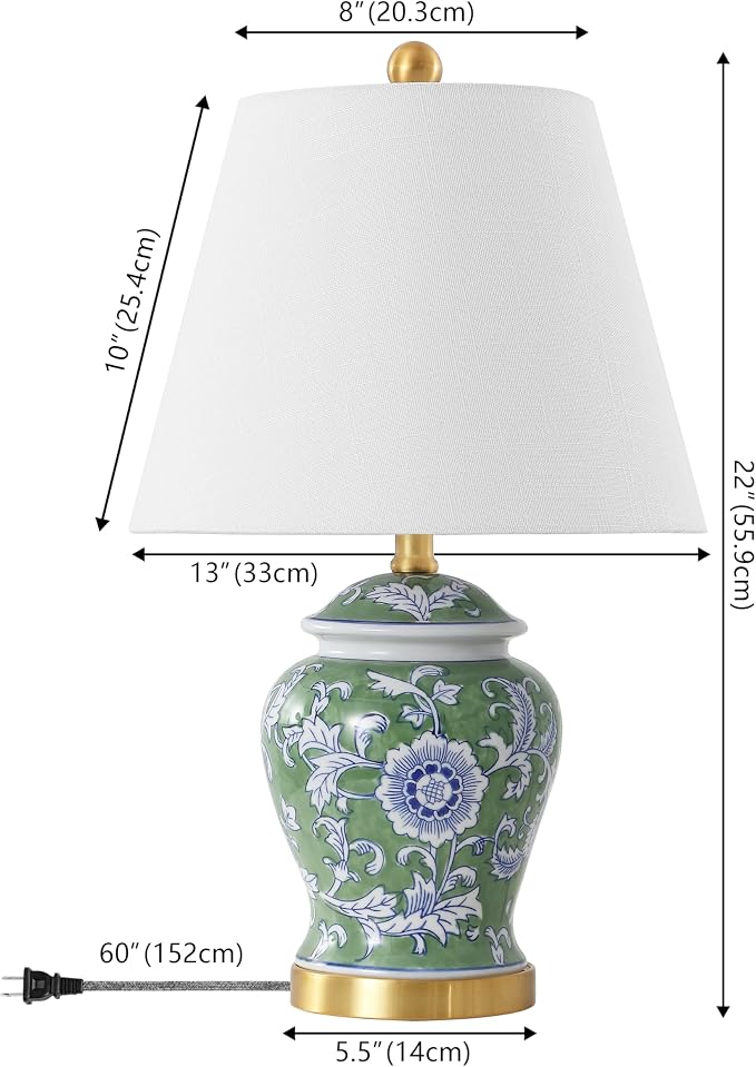 JONATHAN Y Penelope Ginger Jar 22" LED Table Lamp, Green/White | Chinoiserie, Ceramic Metal Construction, French Country Traditional, Linen Empire Shade, Brass Gold, LED Bulb Included