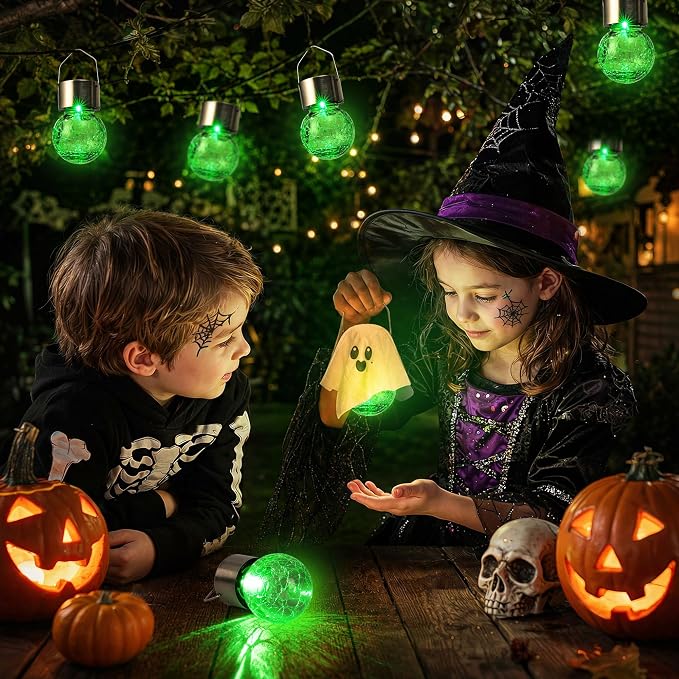 GIGALUMI Halloween Solar Lights Outdoor Solar Hanging Lanterns Outside 12PC | Green, Halloween, Solar Powered, Waterproof, Decorative, Crackle Glass, Graden&Tree Decoration, Gifts for Women, Ornaments