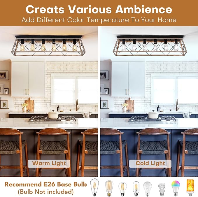 38" Large Rectangular Flush Mount Ceiling Light with Oak White Finish | 6-Light Vintage Industrial Farmhouse Cage Chandelier for Dining Room Living Room Hallway, Dimmable Kitchen Ceiling Lighting