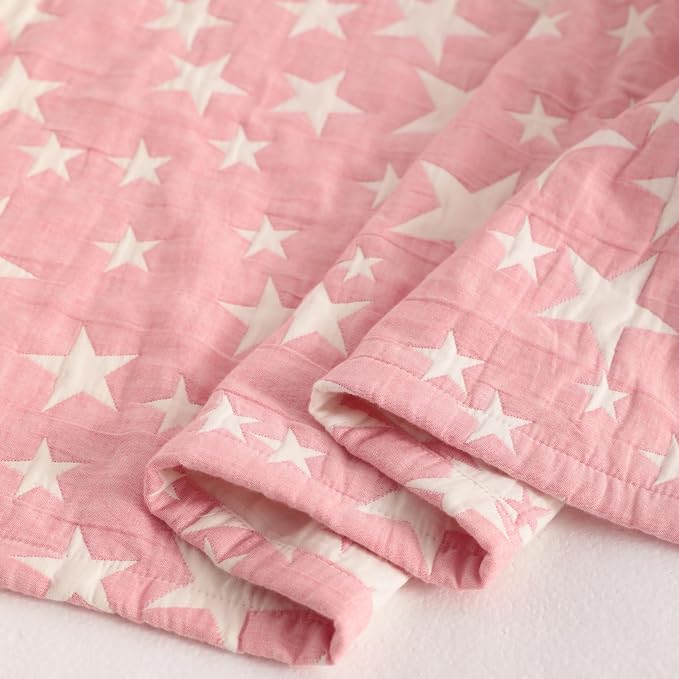 NTBAY 3 Layer Oversized Muslin Toddler Blanket, 45 x 60, Pink/White Star | Muslin Cotton Outer Layers with Light Thermal Fiber Fill, Reversible Blanket for Daycare, Travel, Naps, and Supervised Use