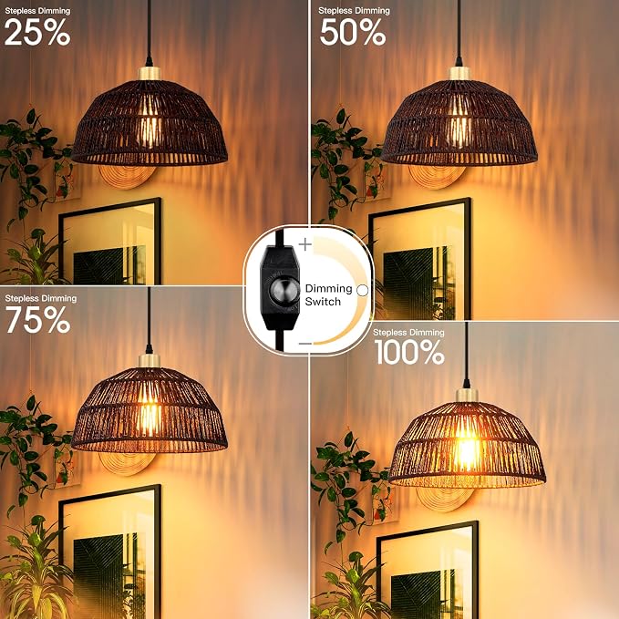 Plug in Pendant Light, Hanging Lights with 15ft Cotton Cord & Stepless Dimming Switch, Handwoven Hemp Rope Lampshade, Black Rattan Lamp for Dining Room,Hallway