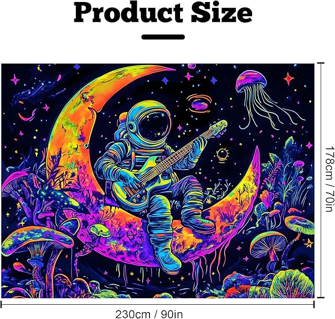 BVBOX Blacklight Space Astronaut Tapestry UV Reactive Galaxy Planet Glow in Dark Tapestries Black Light Poster Neon Wall Hanging Art for bedroom Living Room (Astronaut & Guitar-3M)