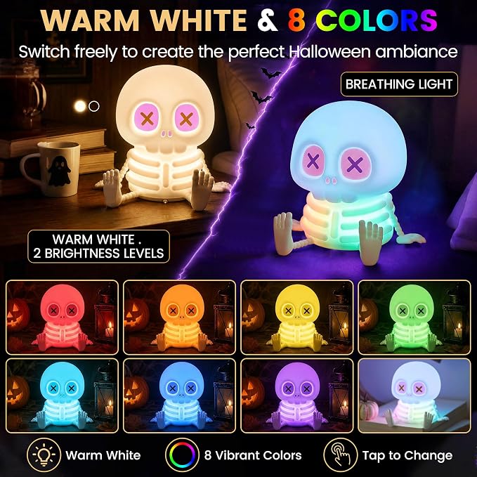FAMIDUO Skull Night Light, Halloween Decor Gift,8 Colors Kids Skeleton Lamp | Silicone Squishy Safe Toy,Rechargeable Dimmable Touch Bedside Lamp for Nursery,Cool Cute Gothic Decor,Office College Bedroom