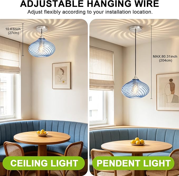 11in Brushed Nickel Pendant Lights Kitchen Island with Blue Glass Shade 1PC | Handcrafted Glass Pendant Light Fixtures, UL Certified, E26 Base 100W Max, Height-Adjustable, Dimmable Hanging Pendant Light