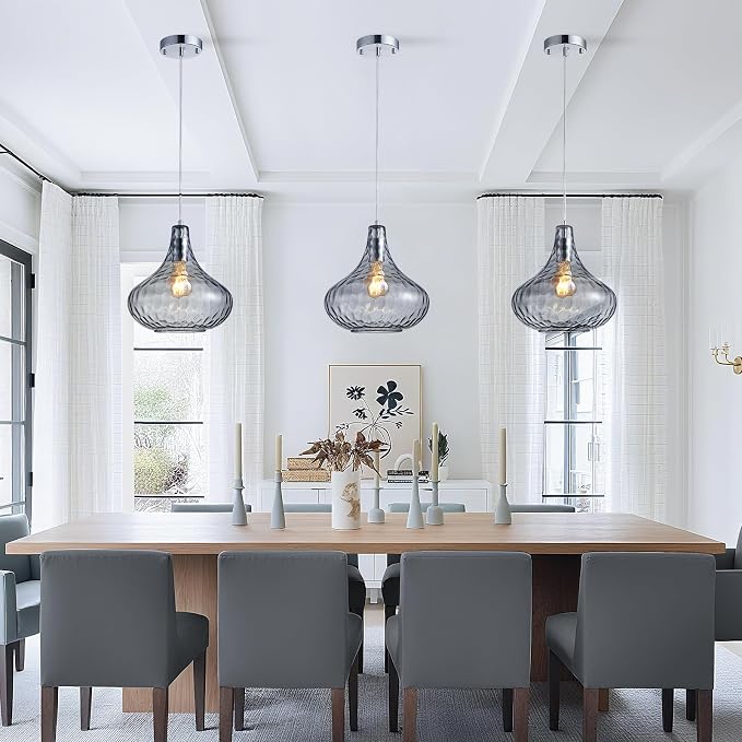 Hammered Glass Pendant Light 11" Industrial Farmhouse Ceiling Light | Smoke Gray Glass Shade, Chrome Finish, E26, Adjustable Hanging Light for Kitchen Island, Dining Room, Entrywayv