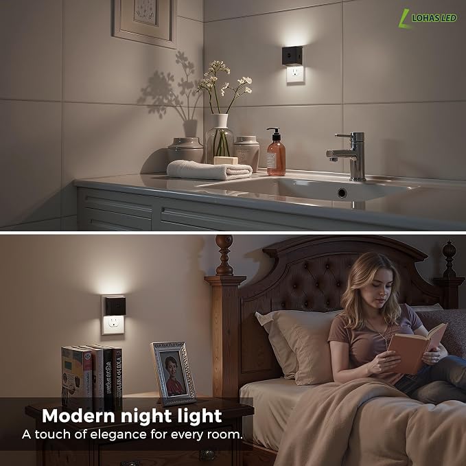 L LOHAS LED Plug in Night Light with Motion Sensor and Dusk to Dawn Sensor | LED Night Light Brightness Adjustable,5000K Daylight White, Nightlight for Bathroom Hallway Kitchen 4 Pack