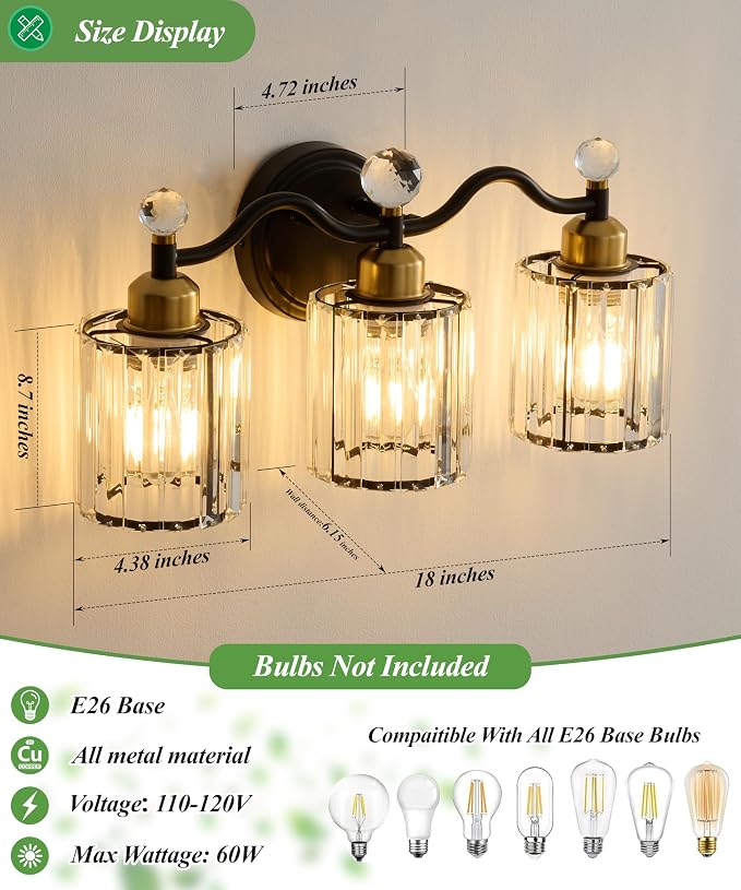 Black&Gold Bathroom Vanity Light Fixtures Over Mirror,3-Light Crystal Bathroom Light Fixtures,Vanity Light Fixtures Over Mirror,Wall Sconce with Clear Crystal Glass Shade, Kitchen, Living Room