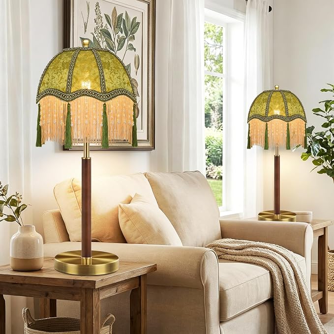 ILLMTW Fringe Table Lamp for Bedroom Living Room,Vintage Bedside Lamps Dimmable Boho Bedroom Lamp with Flower Green Lamp Shade,Mid Century Retro Tassel Unique Wood Small Nightstand Lamp Tiffany Decor