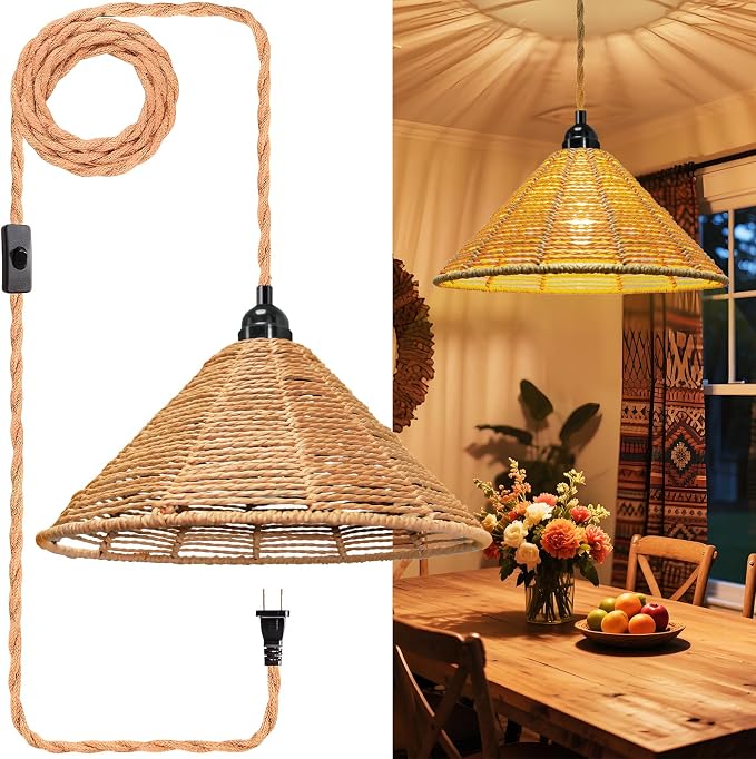 Maliralt Hanging Lamps Rattan Pendant Light - 16.4ft Plug in Cord Hanging Light Fixture Plug Into Wall Outlet Pendant Lighting with On Off Switch for Bedroom Living (Industrial Shade)