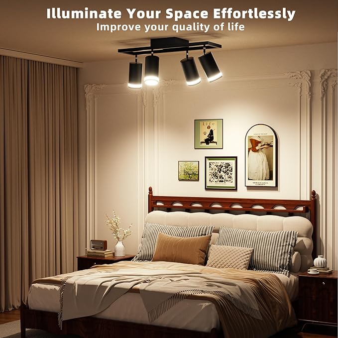 4-Light Track Lighting Fixtures Ceiling, GU10 Black Led Ceiling Spotlight, Modern Track Light Kit for Kitchen Hallway Bedroom Living Room