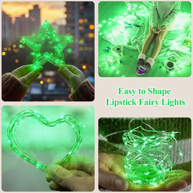 16FT(5M) Green Copper Wire Fairy Lights, Rechargeable Battery Operated String Lights with Timer & 8 Modes, Waterproof Twinkle Lights for St. Patrick's Day Bedroom Christmas Party Wedding Decor
