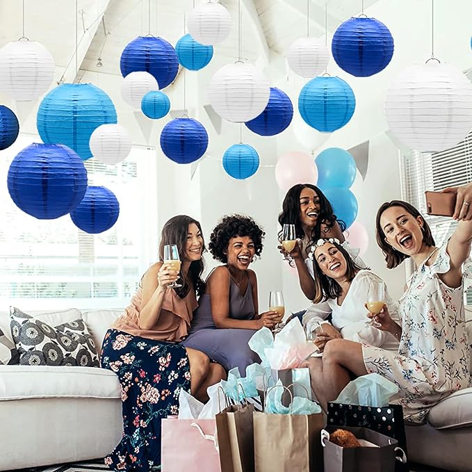 21- Pack Blue Paper Lanterns, Hanging Round Party Decorations | Reusable Indoor & Outdoor Decor for Anniversary, Graduation, Wedding, Birthday, Baby Shower Decorations, 4/6/8/10 inches