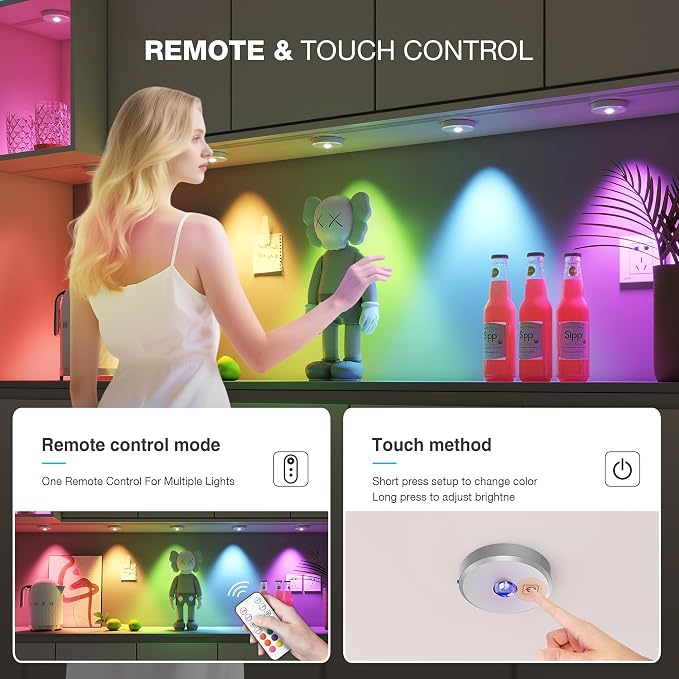 RGB Puck Lights with Remote Control,Under Cabinet Lighting,Silver,3PCS | 2000mAh Battery Operated Tap Lights Rechargeable, 9 Colors & 2 Dynamic Changing, Magnetic Stick on Light for Closet