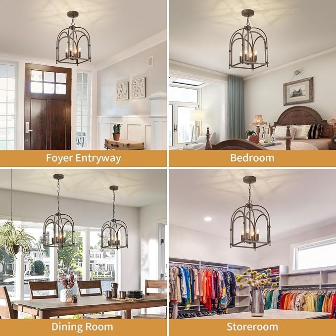 4-Light Chandeliers, Farmhouse Chandelier for Dining Room Light Fixtures, Lantern Metal Kitchen Pendant Light Fixtures, Rustic Cage Chandelier for Bedroom Living Room Kitchen Island Hallway