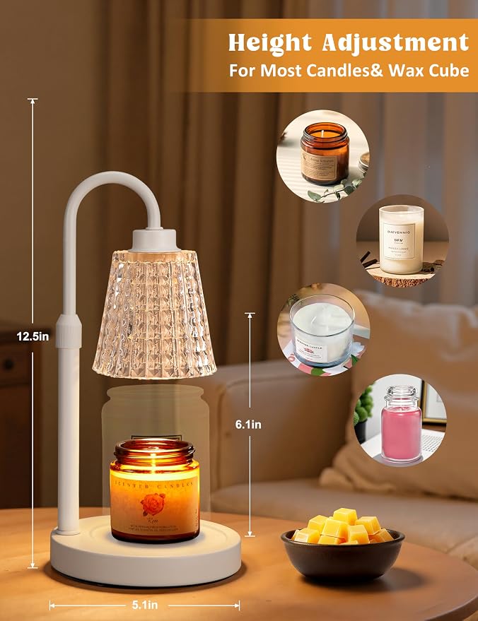 Innqoo White Crystal Candle Warmer Lamp with Timer, Dimmable Candle Warmer for Jar Candles, Height Adjustable Wax Melts Warmer, Birthday Gifts for Women Mom, House Warming Gifts New Home Decor